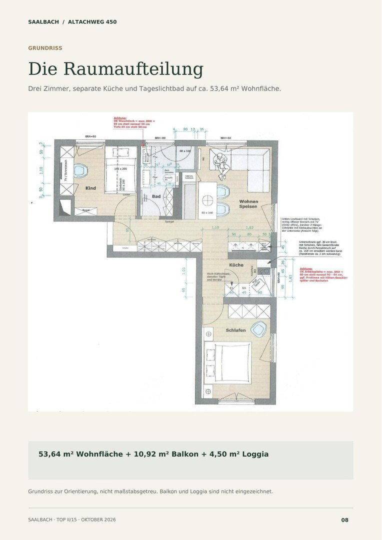 Grundriss einer 53,64 m² Wohnung mit separater Küche, Tageslichtbad und Balkon/Loggia.