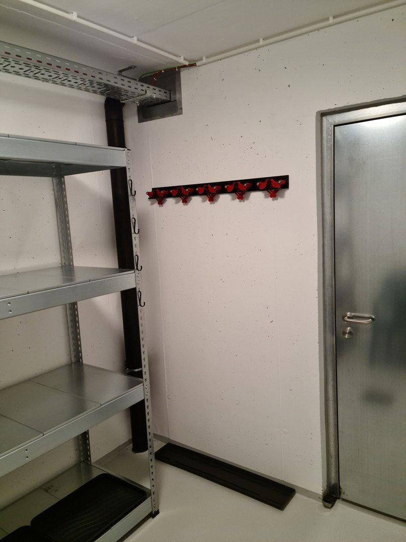Geräumiger Abstellraum mit Metallregalen und Hakenleiste für zusätzliche Lagerungsmöglichkeiten.
