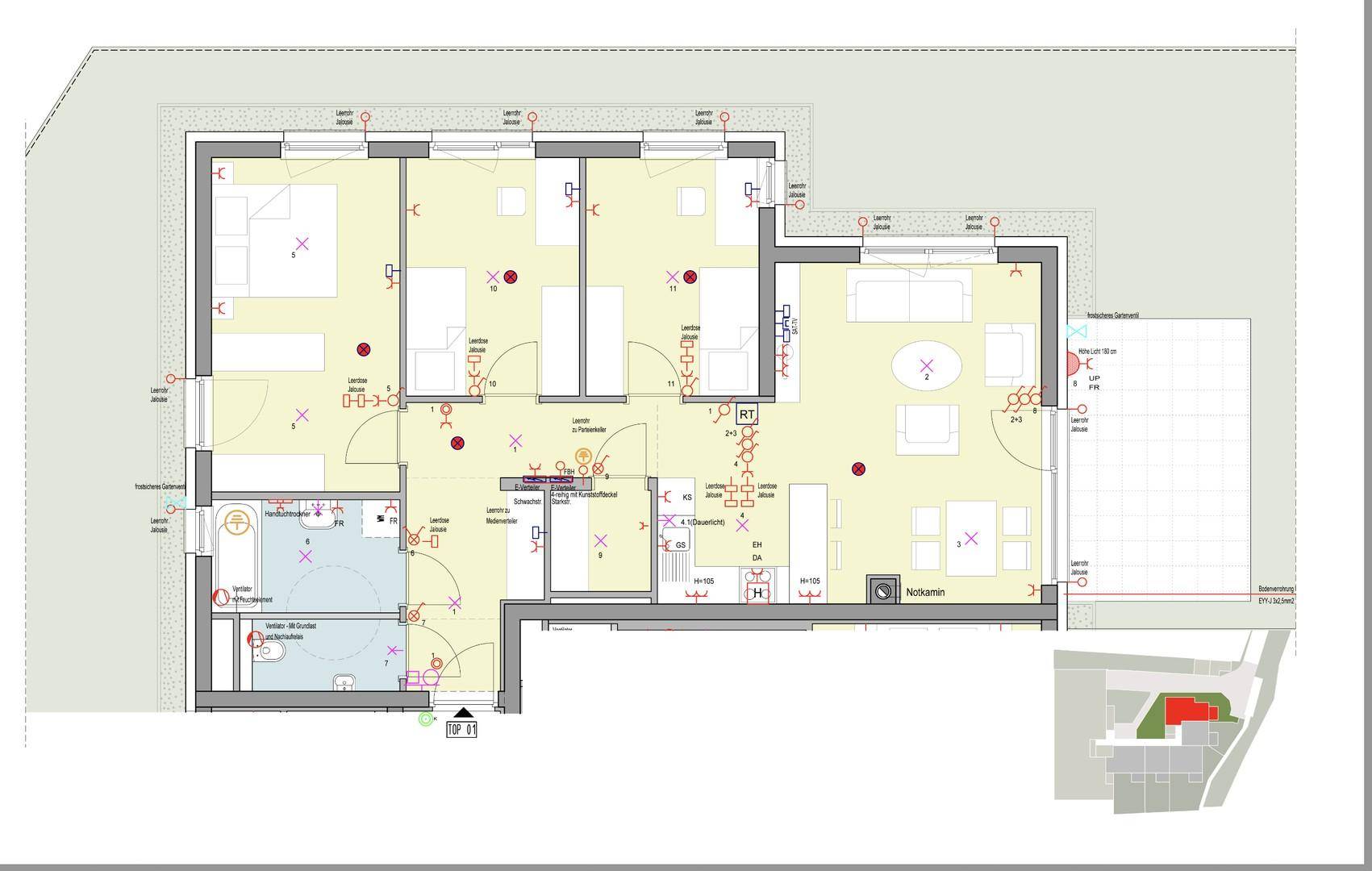 Detaillierter Grundriss einer Wohnung mit mehreren Zimmern, Bädern und einem offenen Wohnbereich.