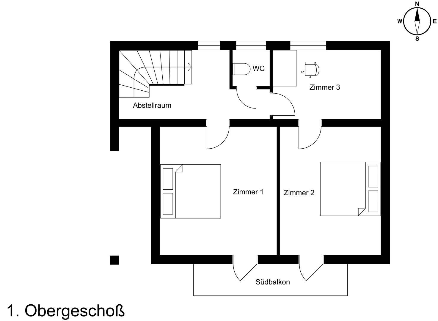 Grundriss des ersten Obergeschosses mit drei Zimmern, WC, Abstellraum und Südbalkon.