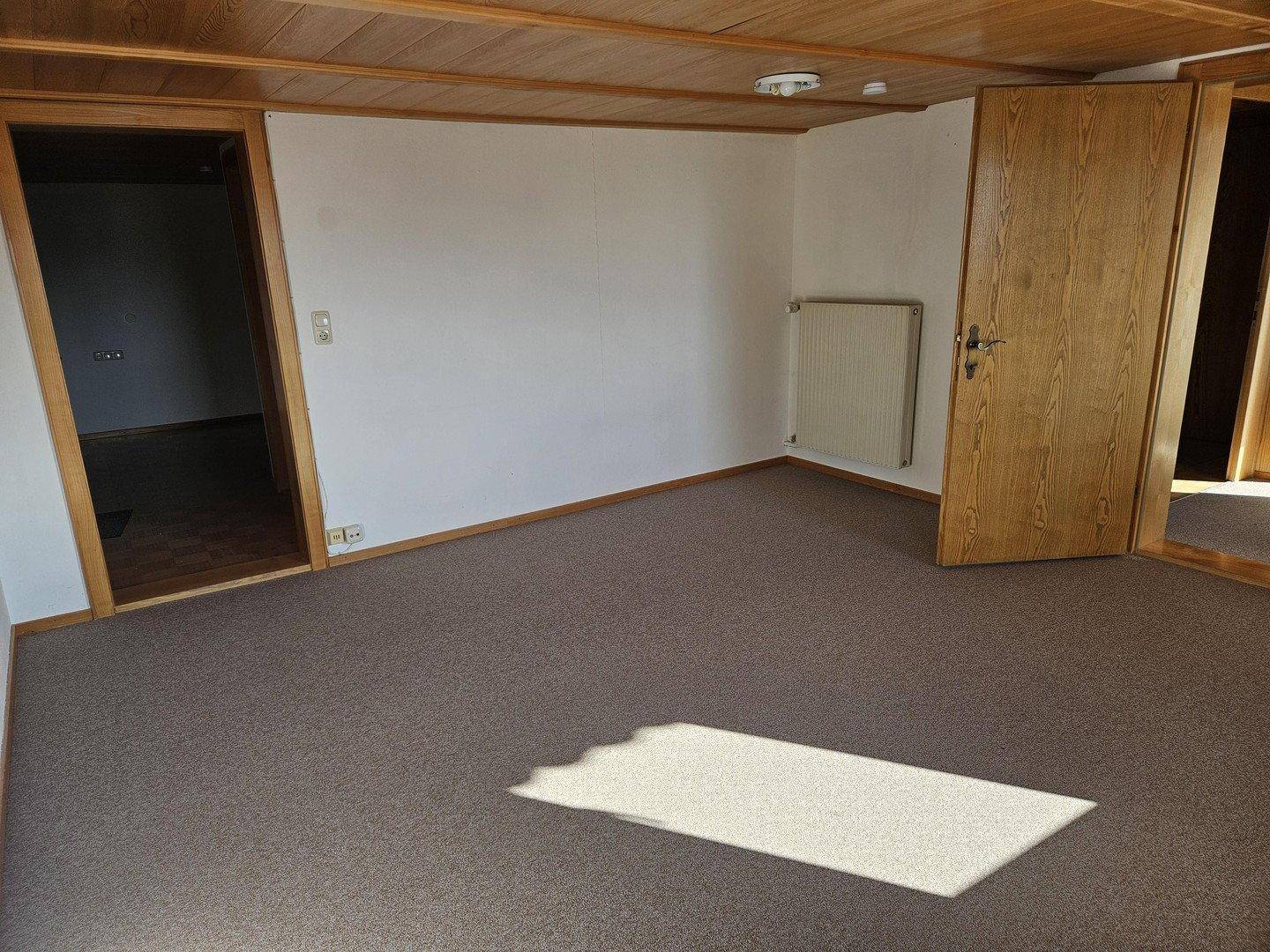 Geräumiges Zimmer mit Teppichboden, Holzdecke und viel natürlichem Lichteinfall.