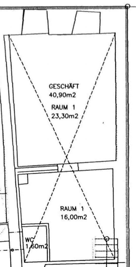 Grundrissplan eines Geschäftsraums mit separatem WC und zwei weiteren Räumen.