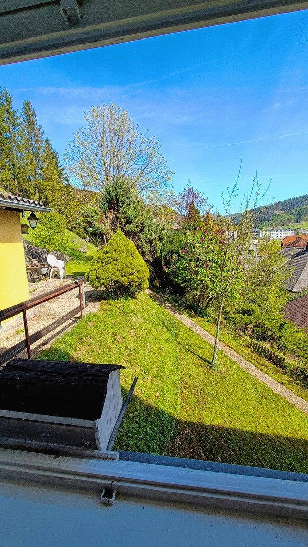 Weitläufiger Gartenbereich mit Rasen und Bäumen, gesehen von einem erhöhten Standpunkt.