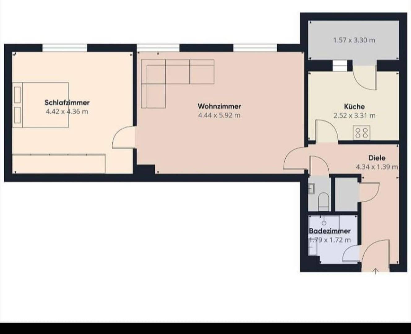 Übersichtlicher Grundriss mit klarer Raumaufteilung für Schlafzimmer, Wohnzimmer und Küche.