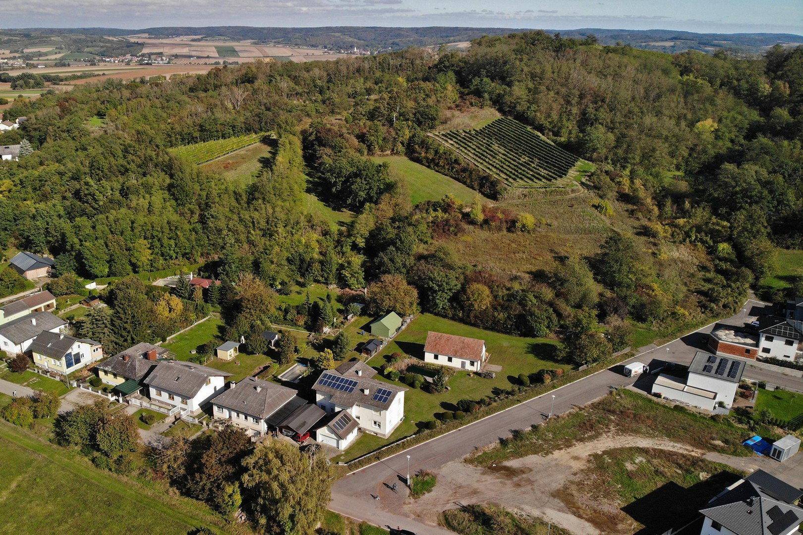 Weitläufige Luftaufnahme der Liegenschaft mit umliegender Natur und Weinbergen.