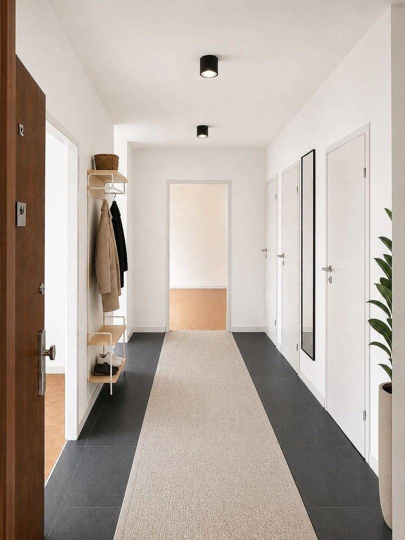 Heller Flur mit dunklen Fliesen, Garderobe und mehreren Türen zu den angrenzenden Räumen.