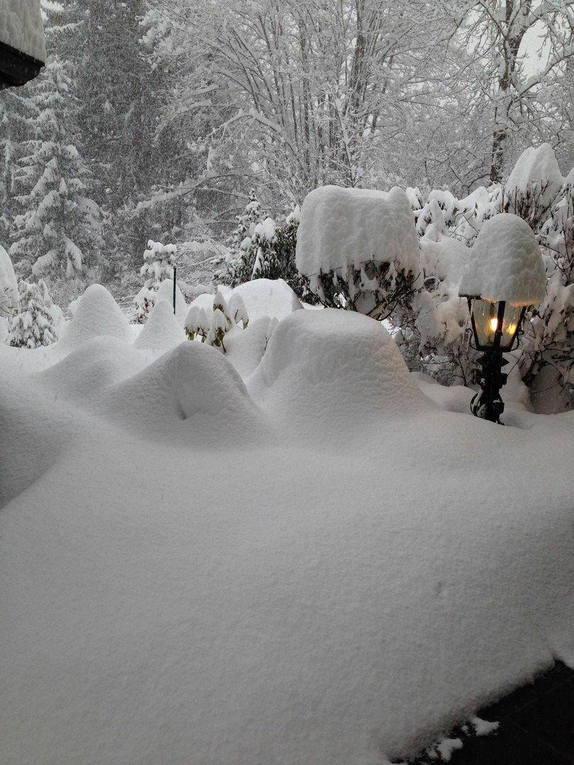 Winterliche Gartenlandschaft, vollständig mit frischem Schnee bedeckt, mit einer beleuchteten Laterne.