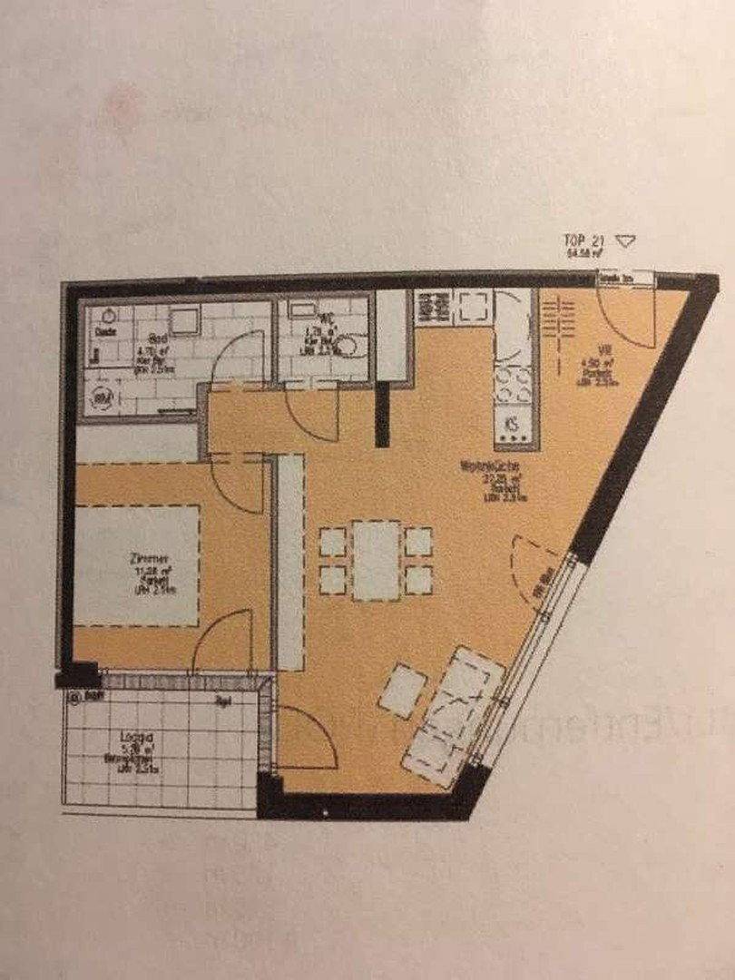 Grundriss der Wohnung Top 21 mit Loggia, Schlafzimmer, Bad und offenem Wohnbereich.
