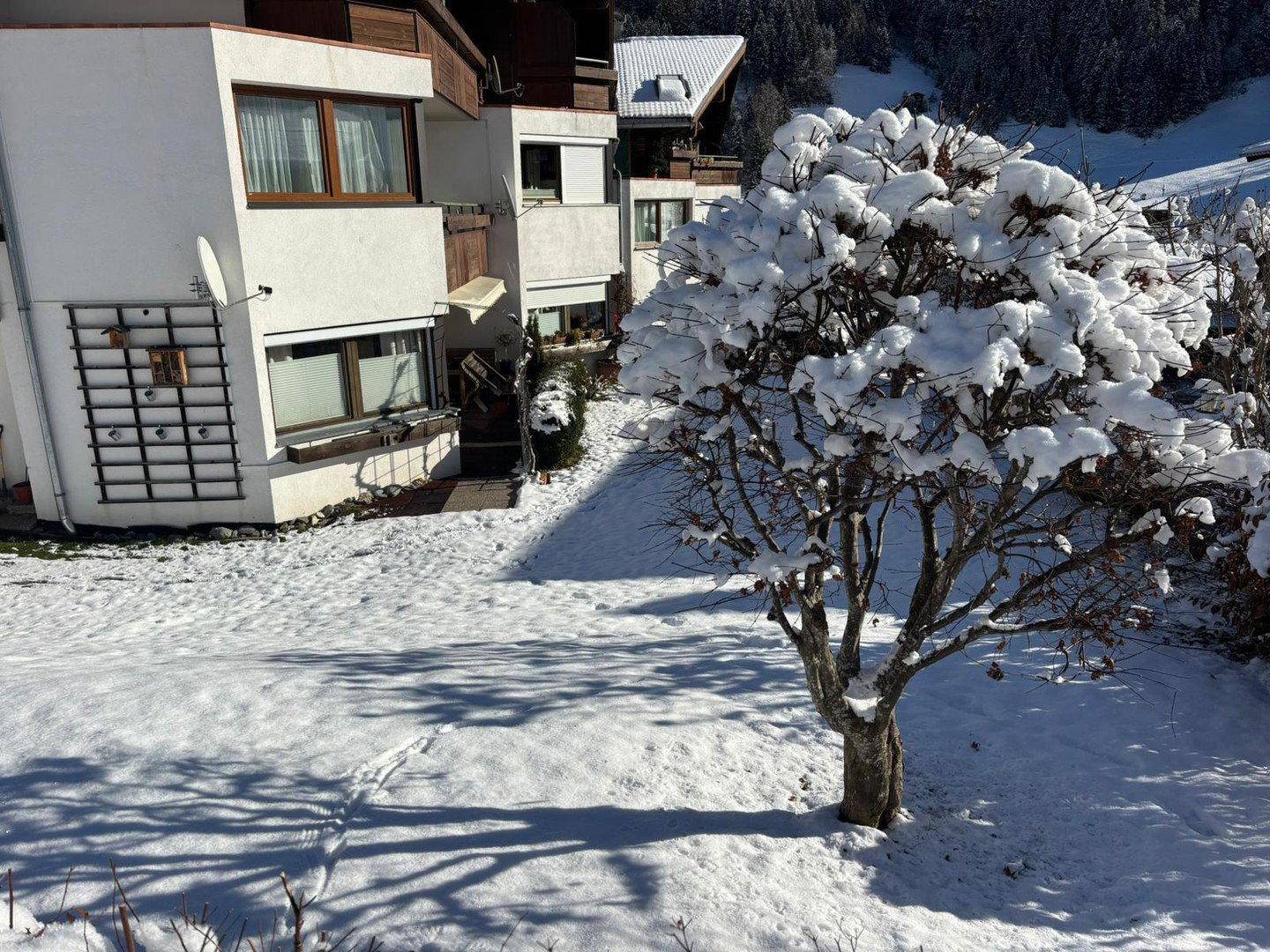 Winterliche Außenansicht eines Wohngebäudes mit verschneitem Garten und Bergblick.