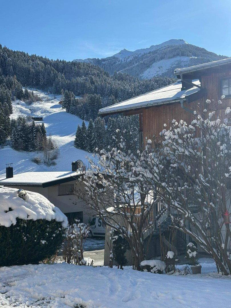 Winterlandschaft mit schneebedeckten Bergen, Tannenbäumen und einem traditionellen Holzhaus unter blauem Himmel.