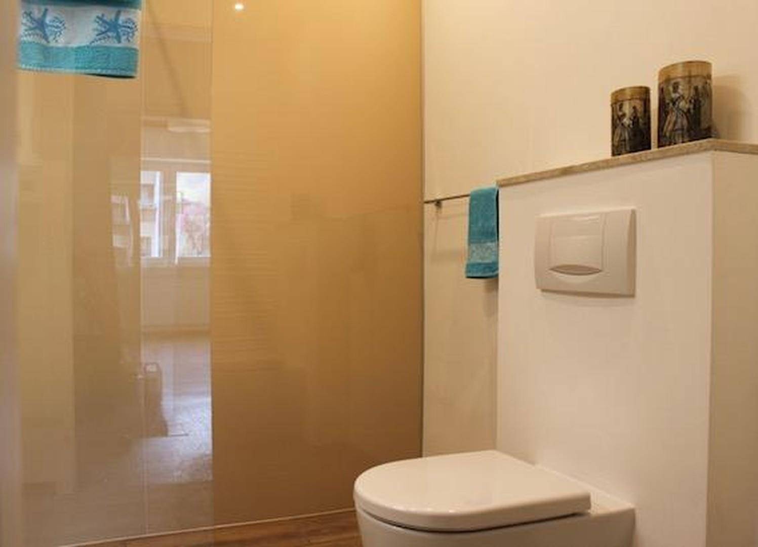 Badezimmer mit wandhängender Toilette und modernem Design, inklusive Duschbereich.