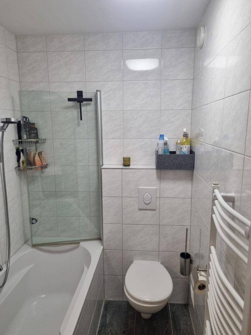 Helles Badezimmer mit Toilette, Badewanne und beheiztem Handtuchhalter in modernem Design.