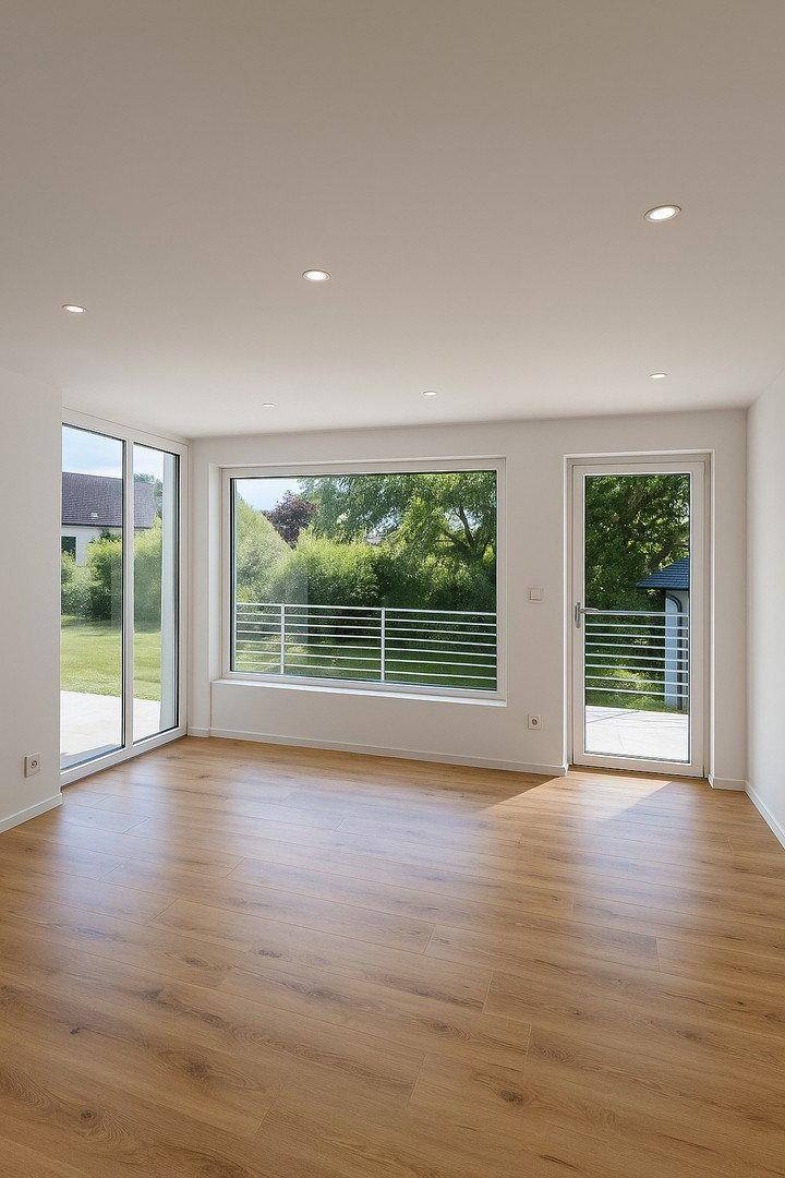 Lichtdurchflutetes Zimmer mit Holzboden, großen Fenstern und Zugang zu einem Balkon.