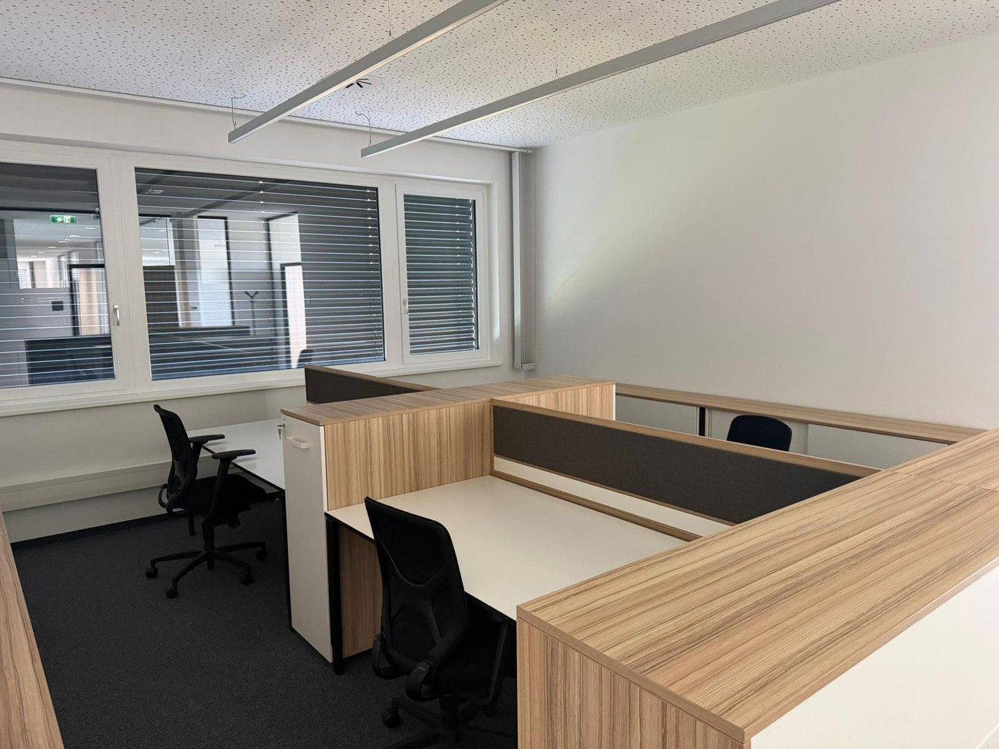 Büro mit mehreren Arbeitsplätzen, Trennwänden und Blick auf die Jalousien der gegenüberliegenden Fenster.