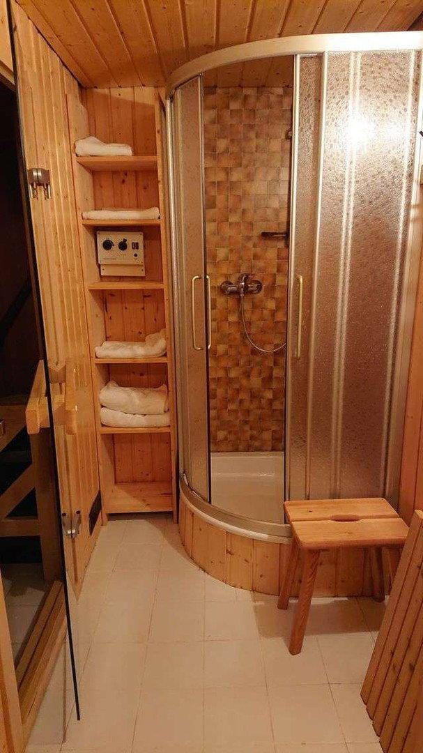 Sauna- und Duschbereich mit Holzverkleidung und moderner Duschkabine.