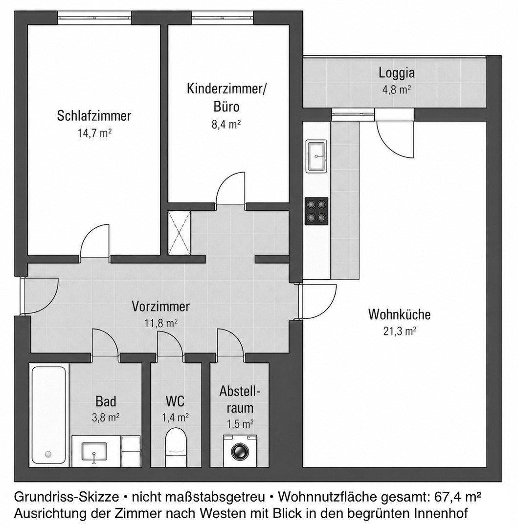 Grundriss der Wohnung mit Schlafzimmer, Kinderzimmer/Büro, Wohnküche und Loggia.
