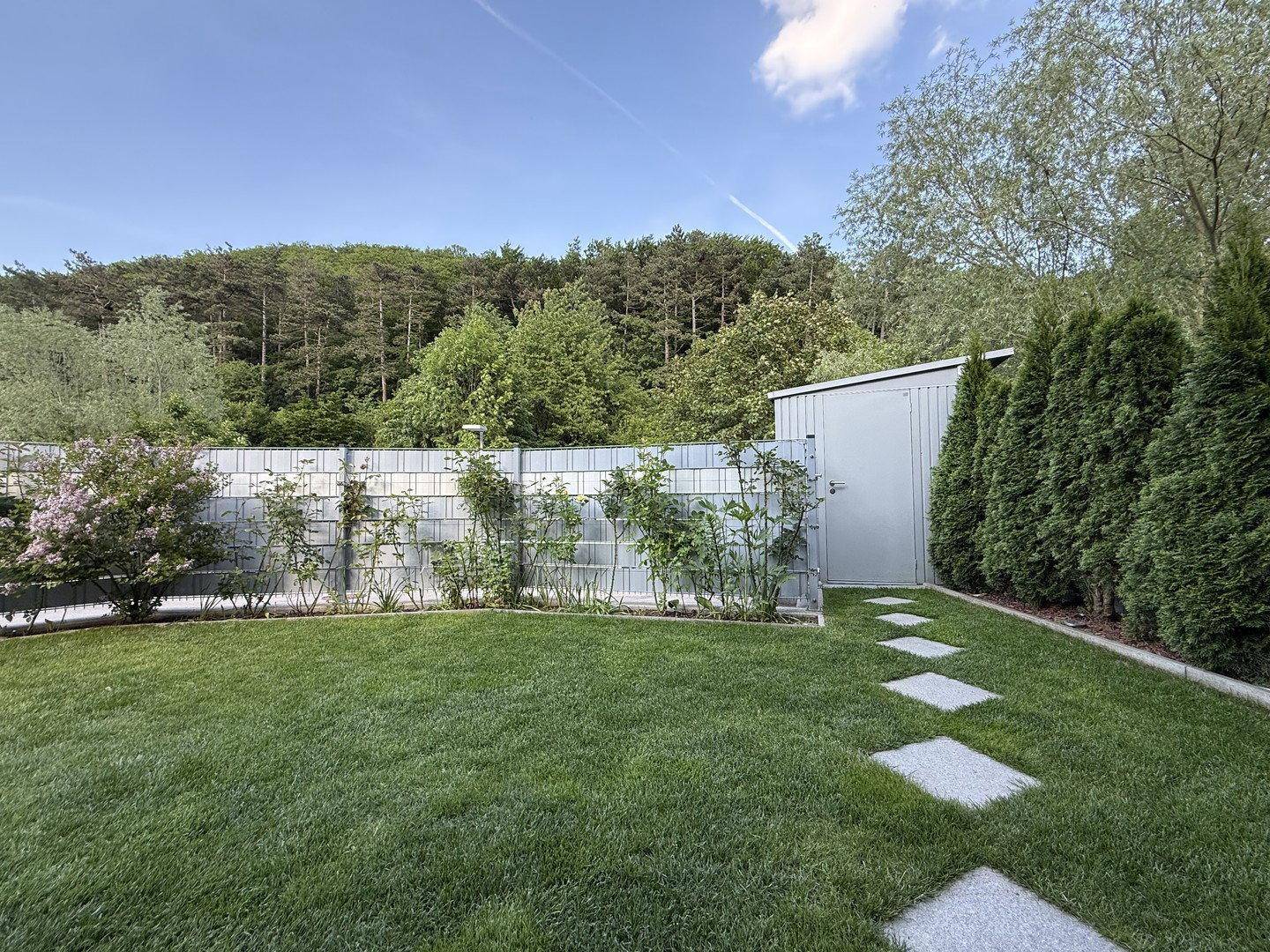 Grüner Garten mit Rasenfläche, Gartenhaus und Trittsteinen, umgeben von Bäumen.
