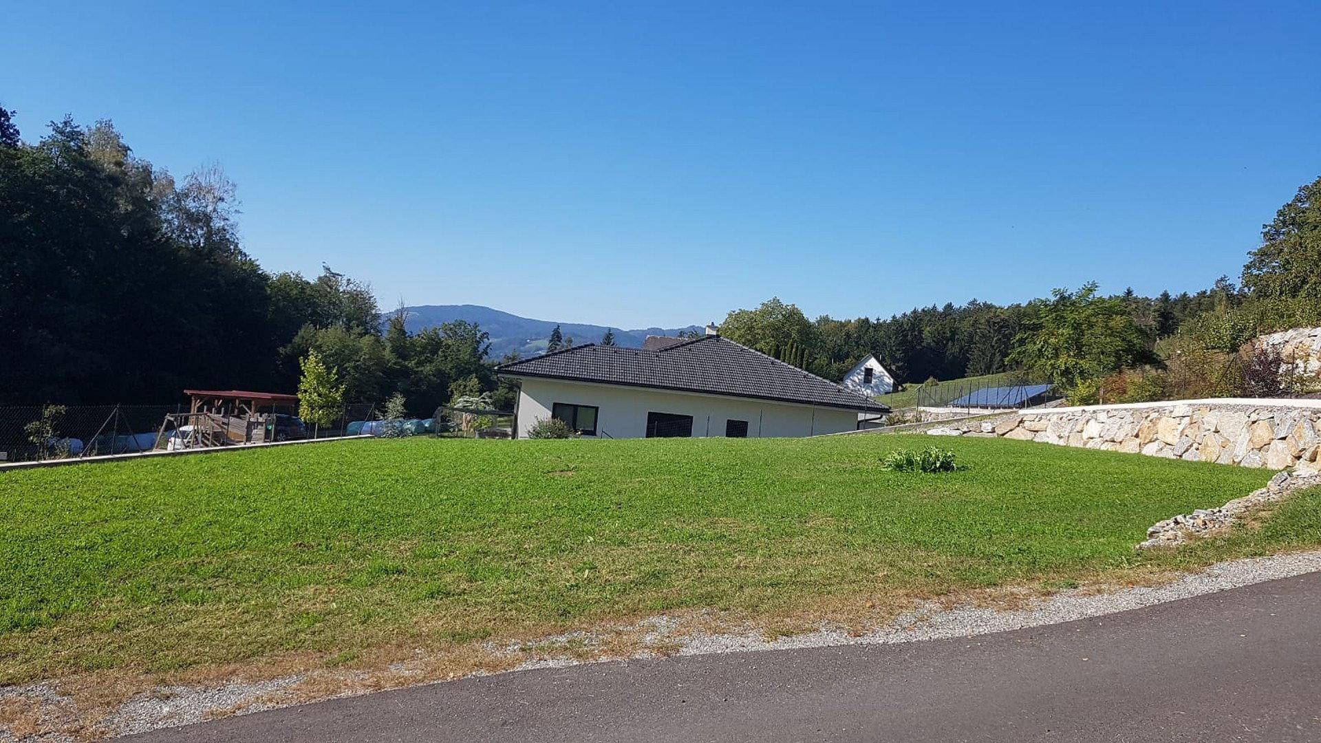 Modernes Einfamilienhaus mit Flachdach und großem Rasenbereich, umgeben von Bäumen und Hügeln.
