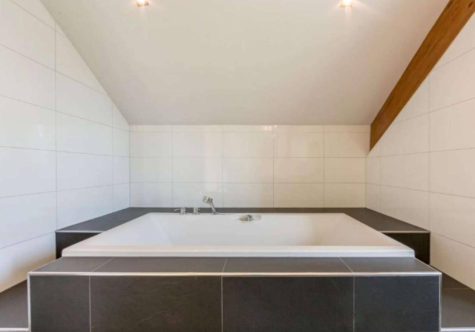 Elegantes Badezimmer mit großer Badewanne, dunklen Fliesen und weißer Wandverkleidung.