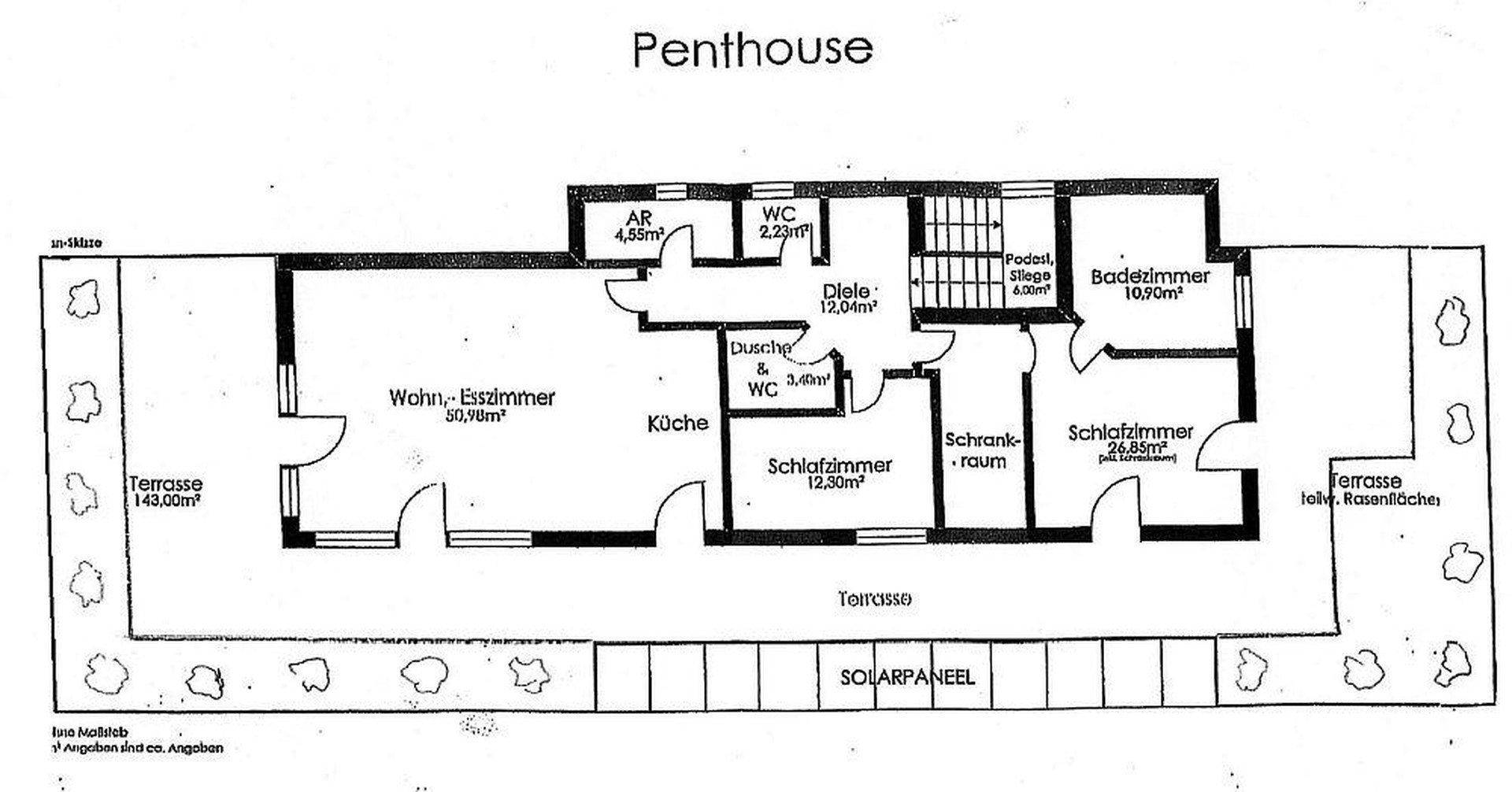 Grundriss eines Penthouses mit großzügigem Wohn-Esszimmer, zwei Schlafzimmern und zwei Terrassen.