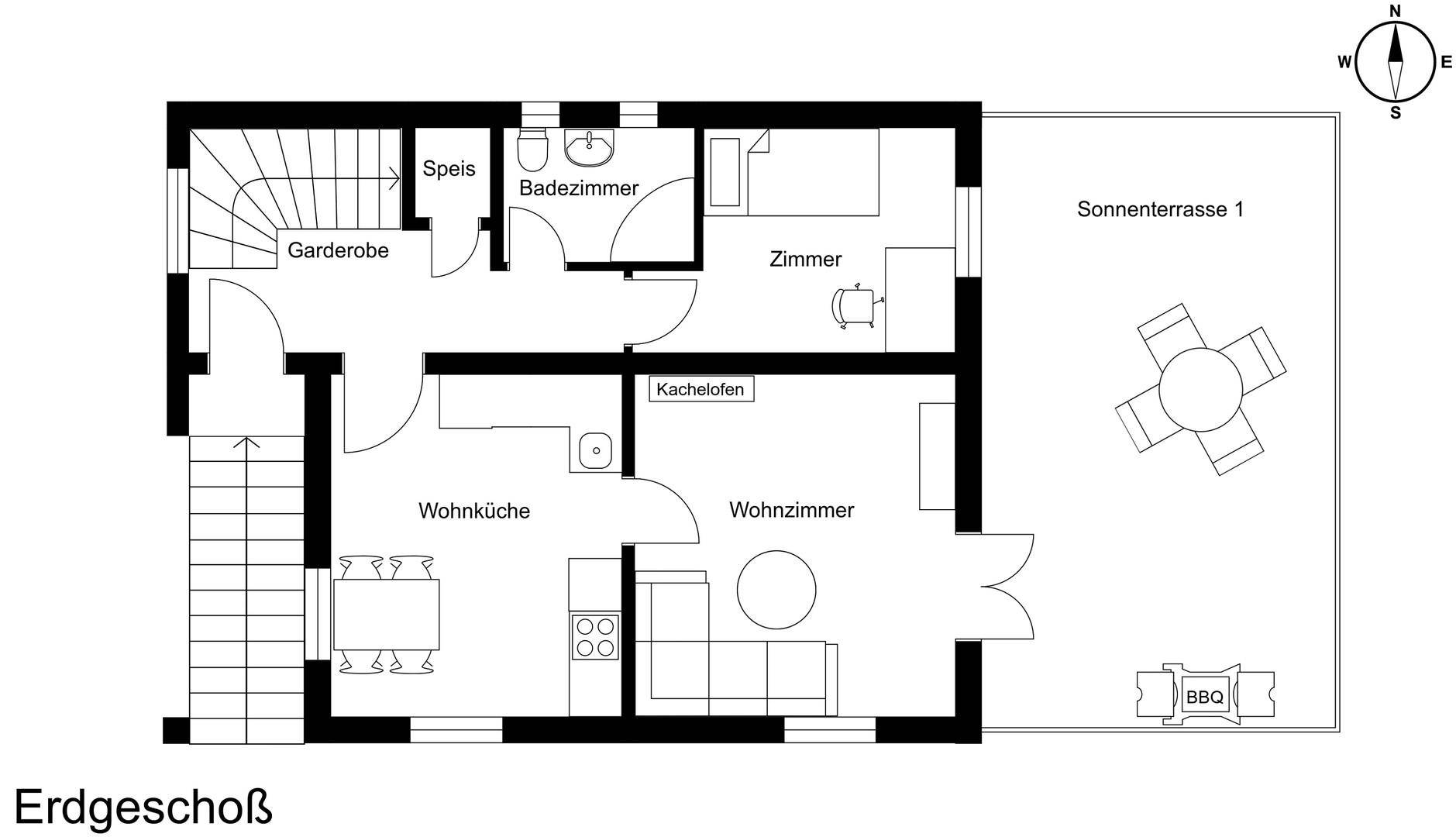 Grundriss des Erdgeschosses mit Wohnküche, Wohnzimmer, Bad und Sonnenterrasse mit Grillplatz.