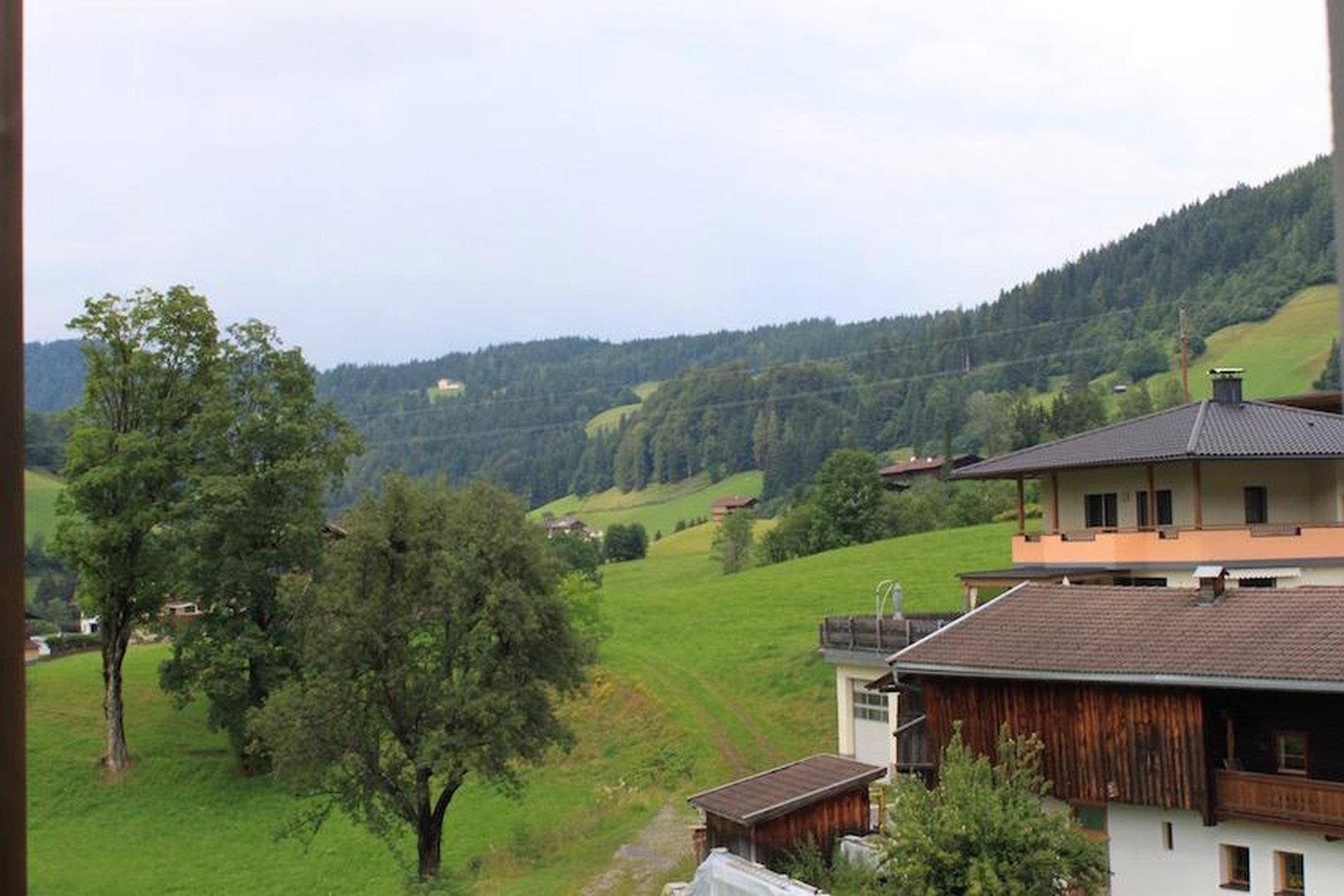 Panoramablick auf eine grüne Hügellandschaft mit Wäldern und vereinzelten Häusern an einem bewölkten Tag.