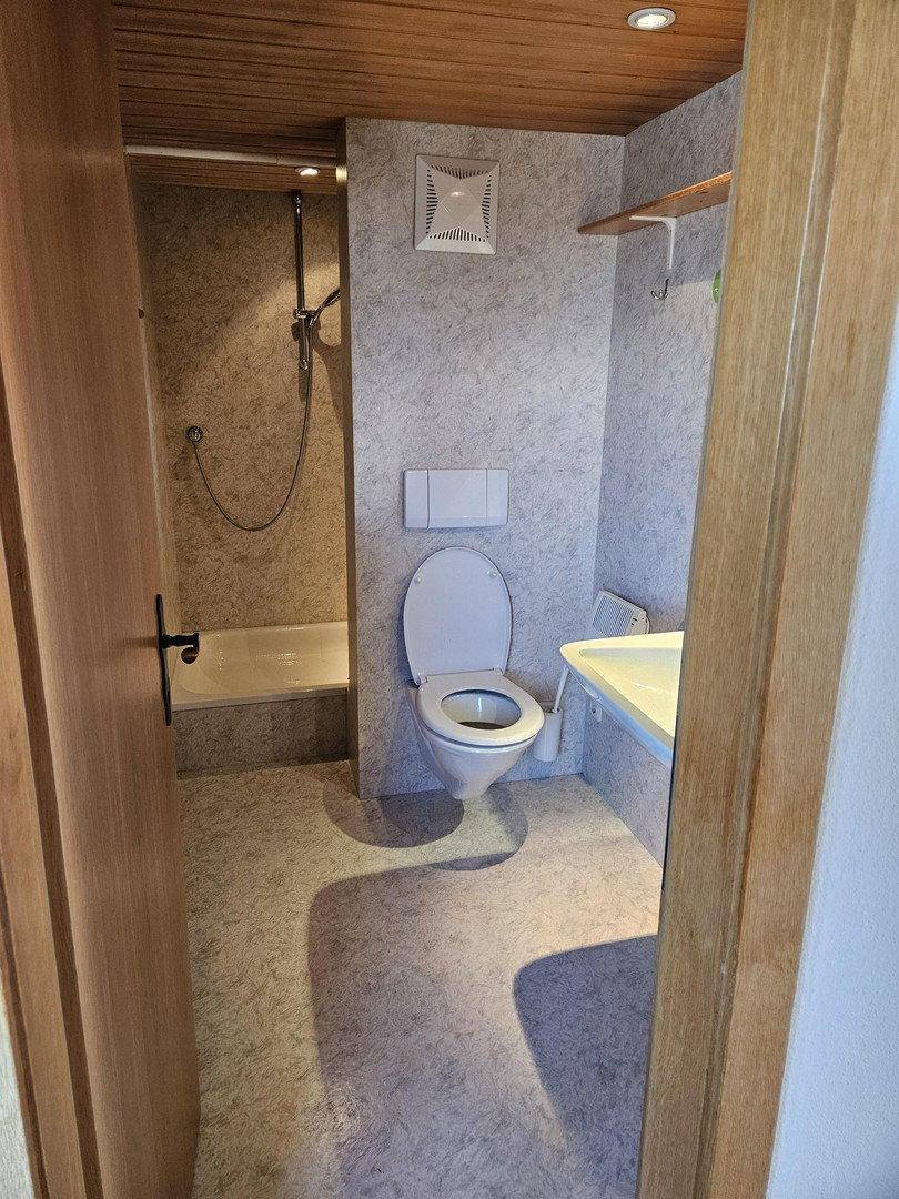 Funktionales Badezimmer mit Dusche, WC und Waschbecken, ausgestattet mit Holzdecke.