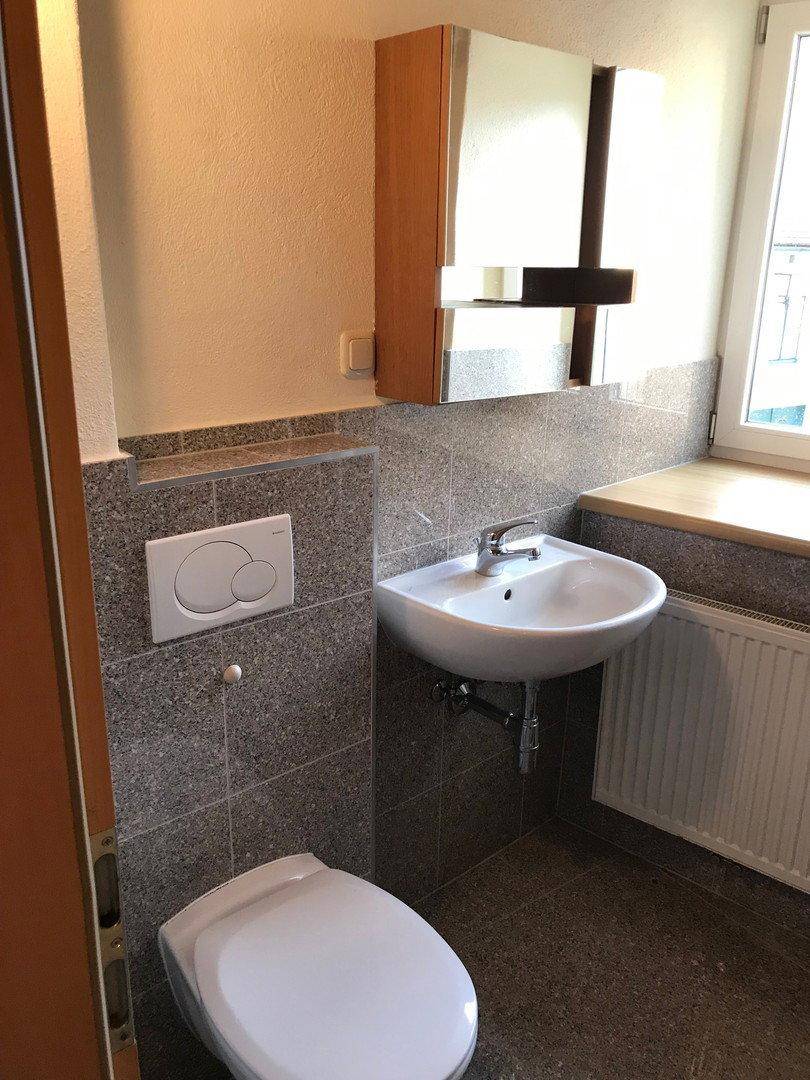 Helles Badezimmer mit grauen Fliesen, wandhängendem WC und einem Waschbecken mit Spiegelschrank.