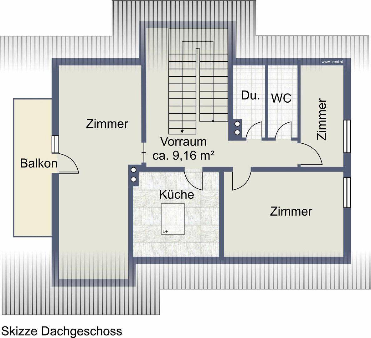 Grundriss des Dachgeschosses mit drei Zimmern, Küche, Bad, WC und Balkon.