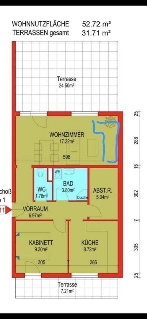 Detaillierter Grundriss einer Wohnung mit Wohnzimmer, Küche, Bad und zwei Terrassen.