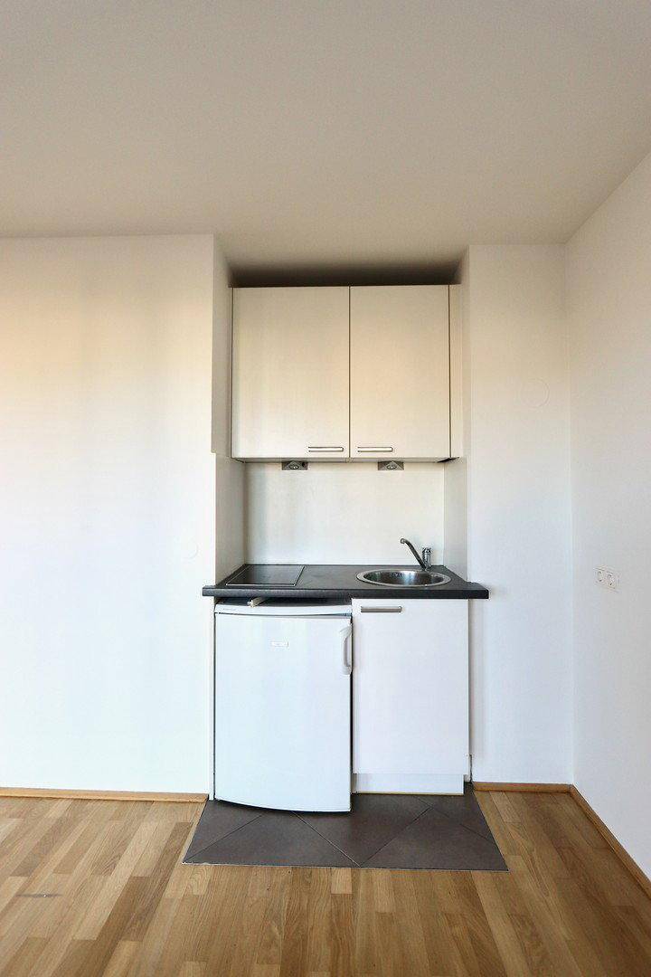 Kompakte Küchenzeile mit Spüle, Kochfeld und Kühlschrank, platzsparend in einer Nische integriert.