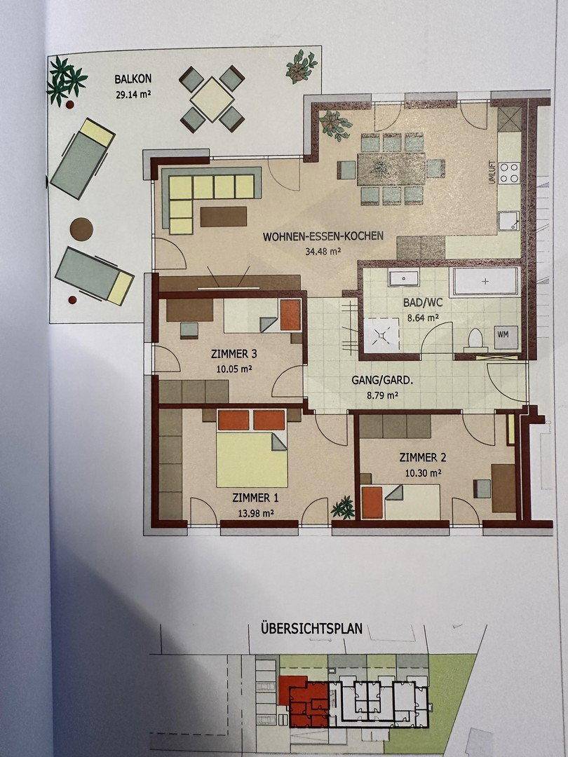 Grundriss einer Wohnung mit offenem Wohn-Ess-Kochbereich, drei Zimmern und großem Balkon.