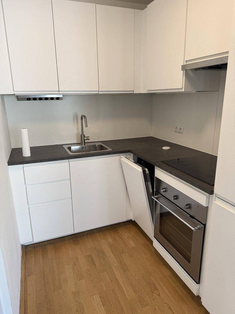Moderne Einbauküche mit weißen Schränken, dunkler Arbeitsplatte, Spülmaschine und Induktionskochfeld.