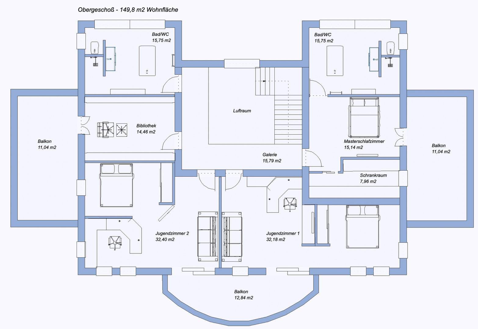Grundriss des Obergeschosses mit Hauptschlafzimmer, zwei Kinderzimmern, Bibliothek und mehreren Balkonen.