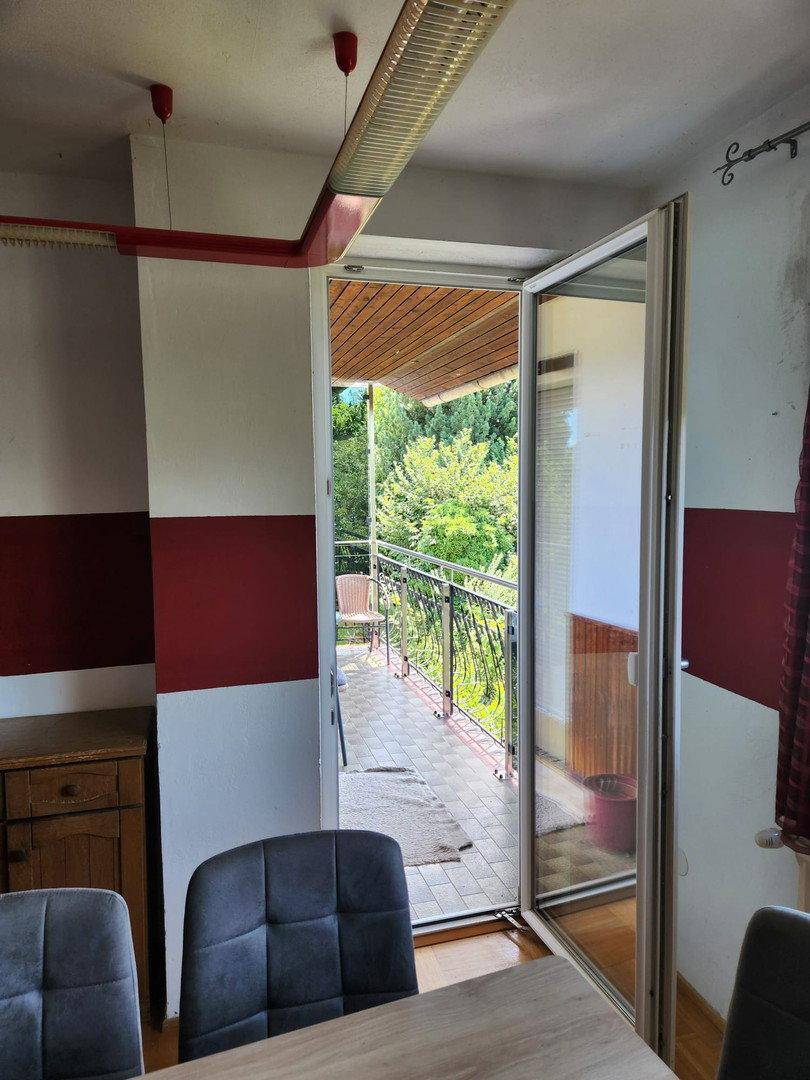 Blick aus einem Innenraum auf einen Balkon mit Metallgeländer und üppigem Grün der Bäume.
