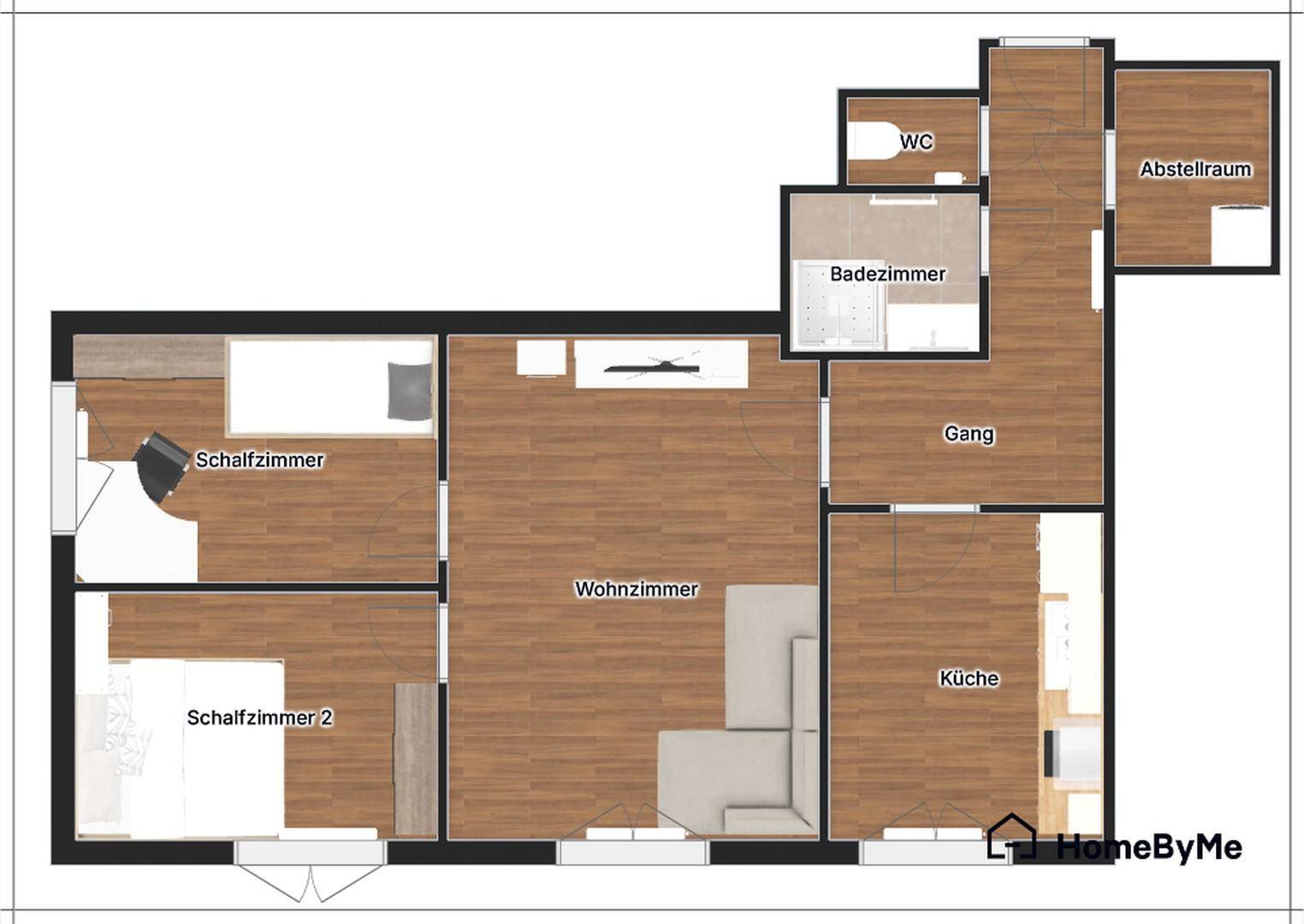 Detaillierter Grundriss der Wohnung mit Schlafzimmern, Wohnzimmer, Küche und Bad.