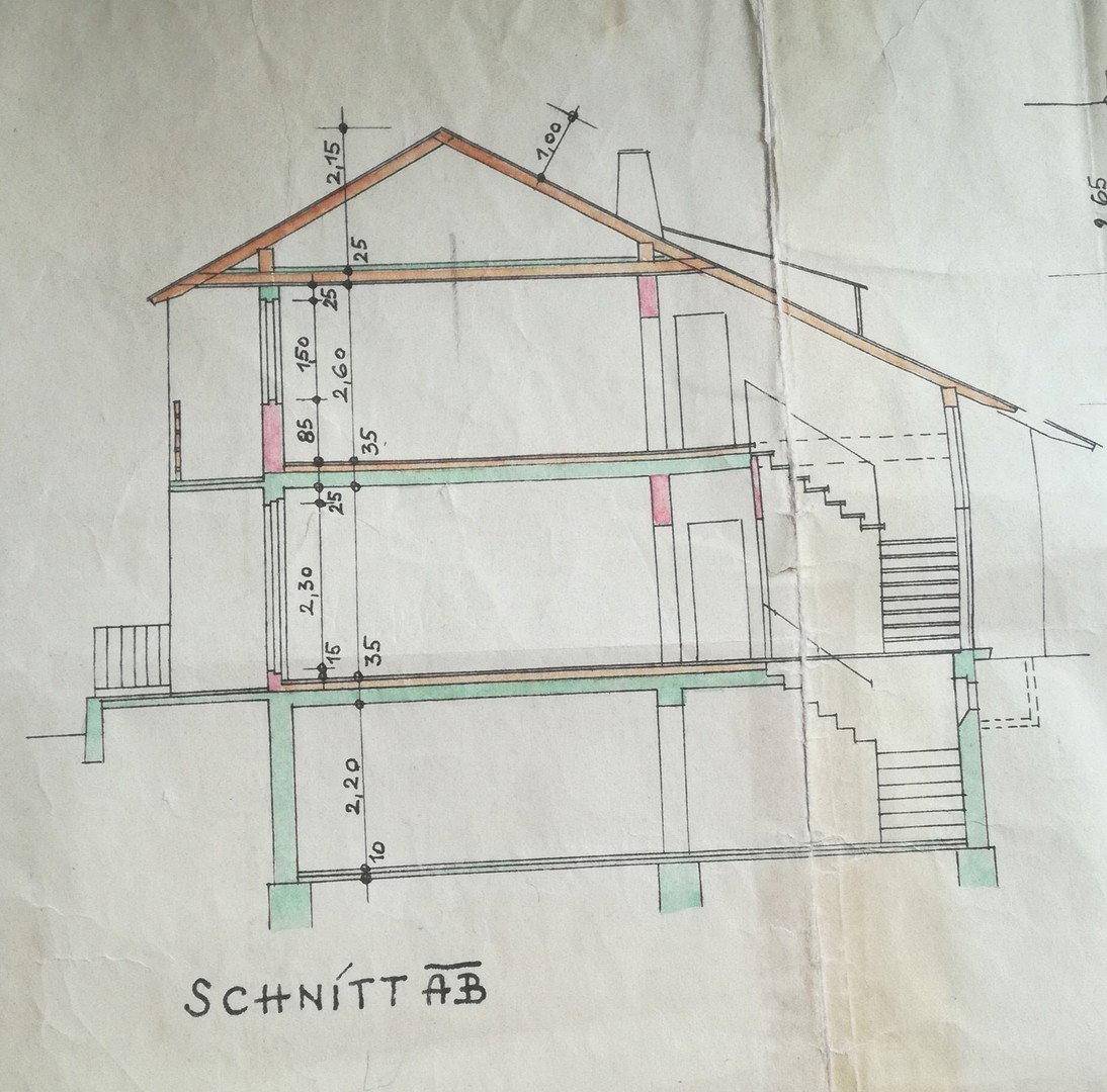 Architektonischer Schnittplan des Gebäudes mit verschiedenen Ebenen und Dachkonstruktion.