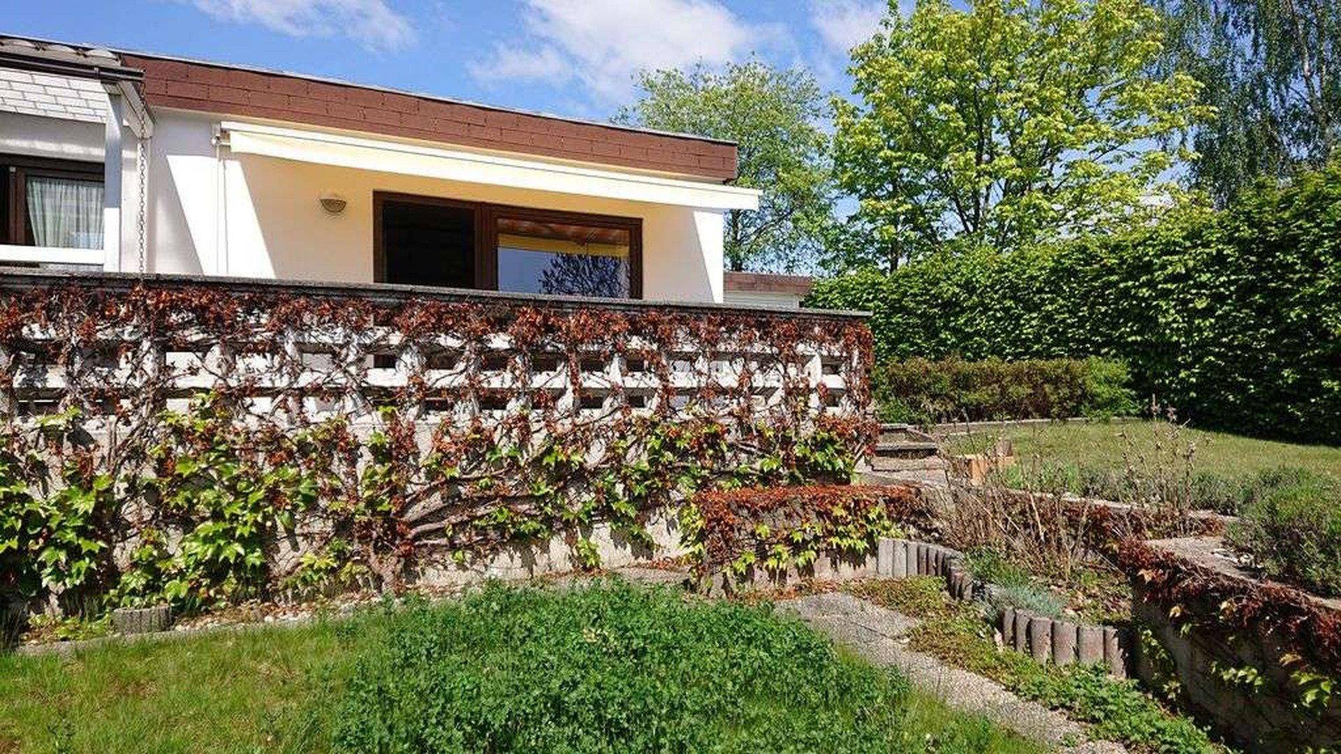 Gartenbereich mit Terrasse, Hecke und üppiger Vegetation unter blauem Himmel.