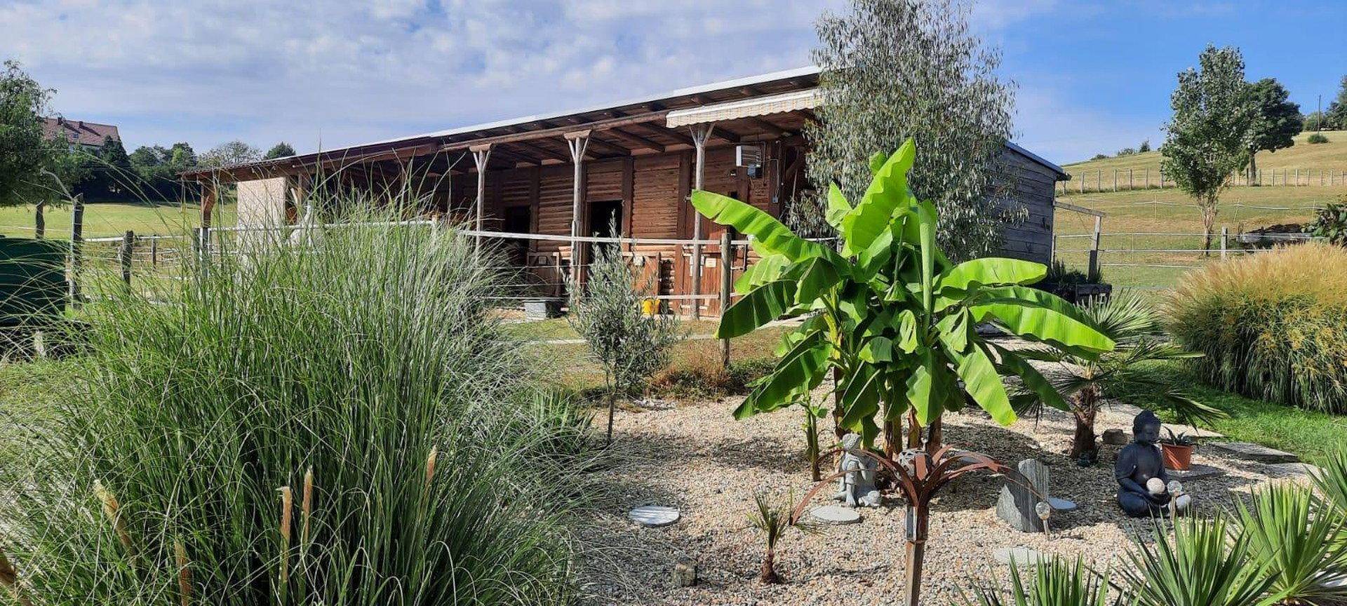 Rustikales Holzgebäude umgeben von einem gepflegten Garten mit exotischen Pflanzen und grüner Landschaft.