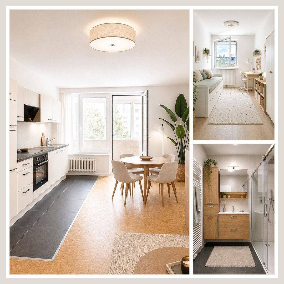 Eine Collage zeigt verschiedene modern eingerichtete Räume der Wohnung, darunter Küche, Schlafzimmer und Bad.