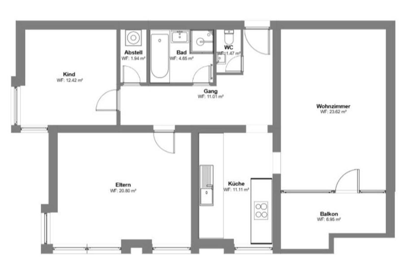 Grundriss einer Wohnung mit drei Zimmern, Küche, Bad, separatem WC und einem Balkon.