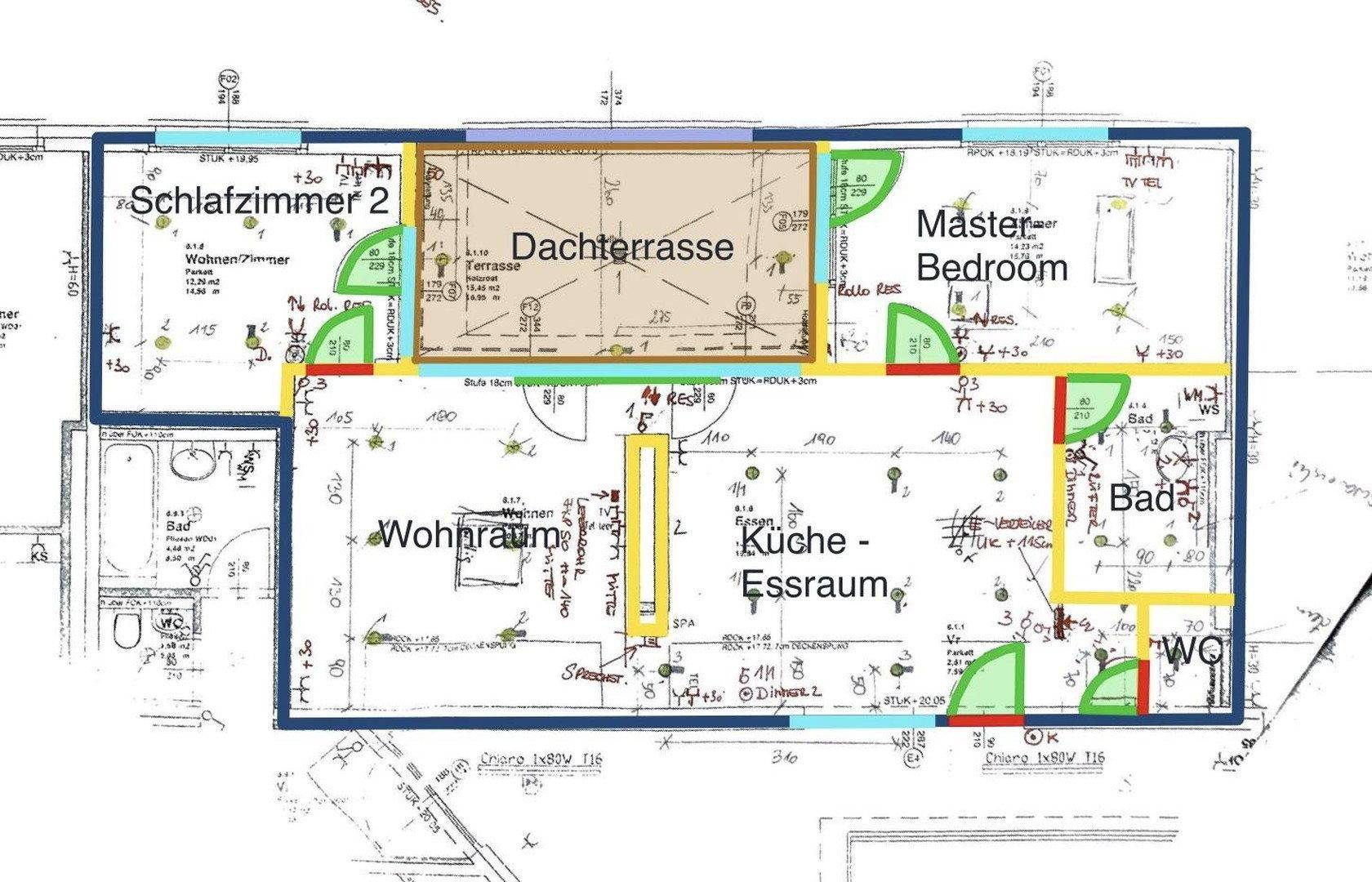 Grundriss mit zwei Schlafzimmern, offenem Wohn-Essbereich und großer Dachterrasse.