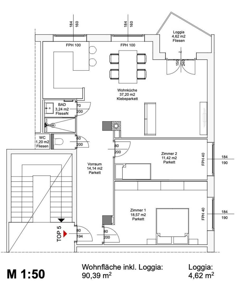 Grundriss der Wohnung mit Wohnküche, zwei Zimmern, Bad und Loggia.