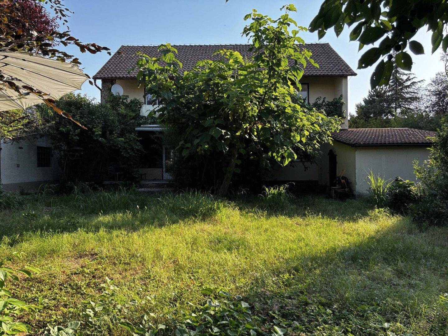 Weitläufiger Garten mit üppiger Vegetation und Blick auf die Rückseite des Wohnhauses.