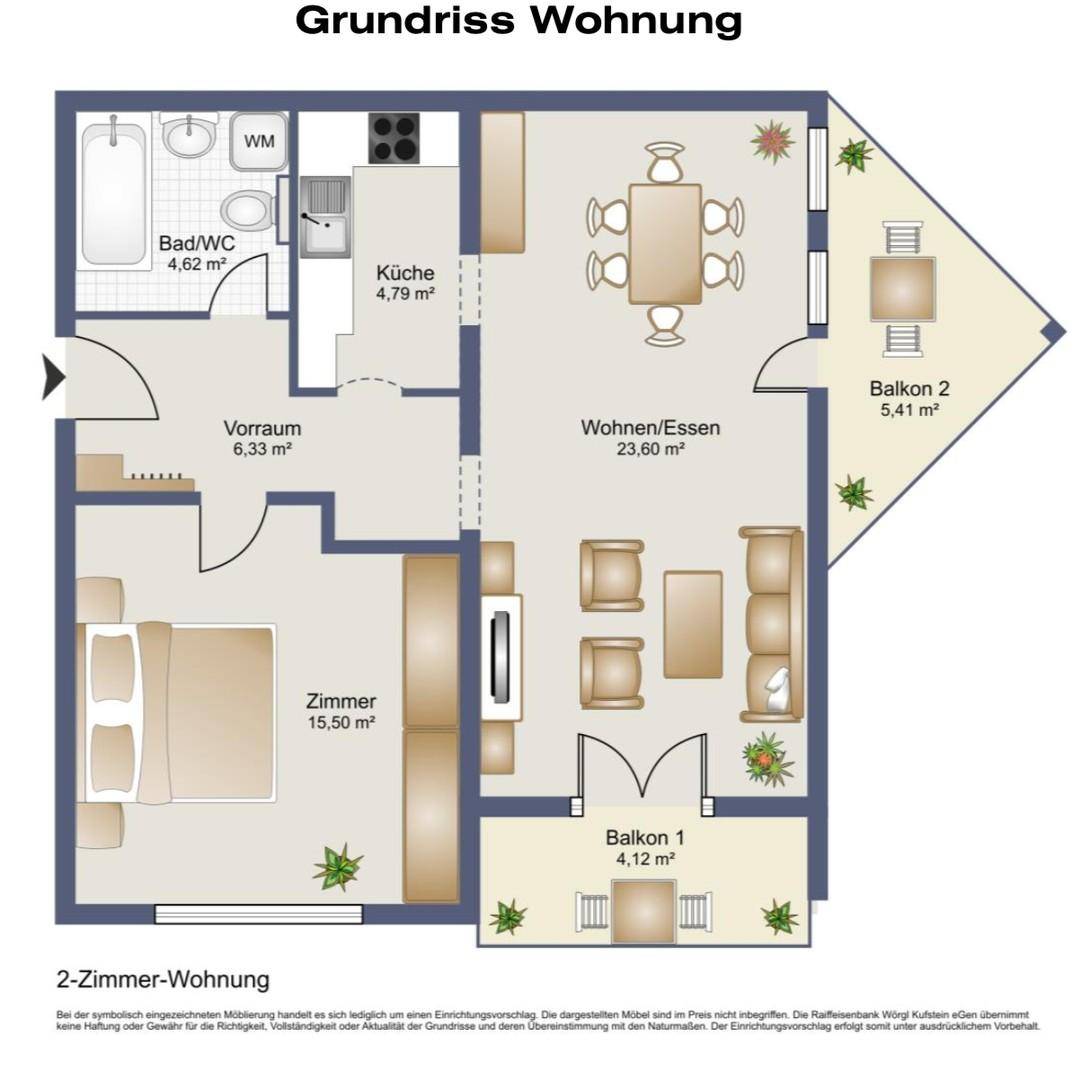 Grundriss einer 2-Zimmer-Wohnung mit offenem Wohn-Essbereich, Küche und zwei Balkonen.