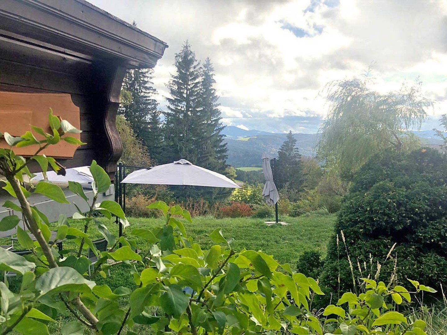 Blick vom Garten auf die weite Landschaft mit Bergen und Bäumen unter bewölktem Himmel.
