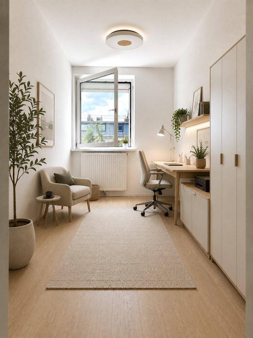 Modernes Büro oder Arbeitszimmer mit Schreibtisch, Sessel und Blick aus dem Fenster.