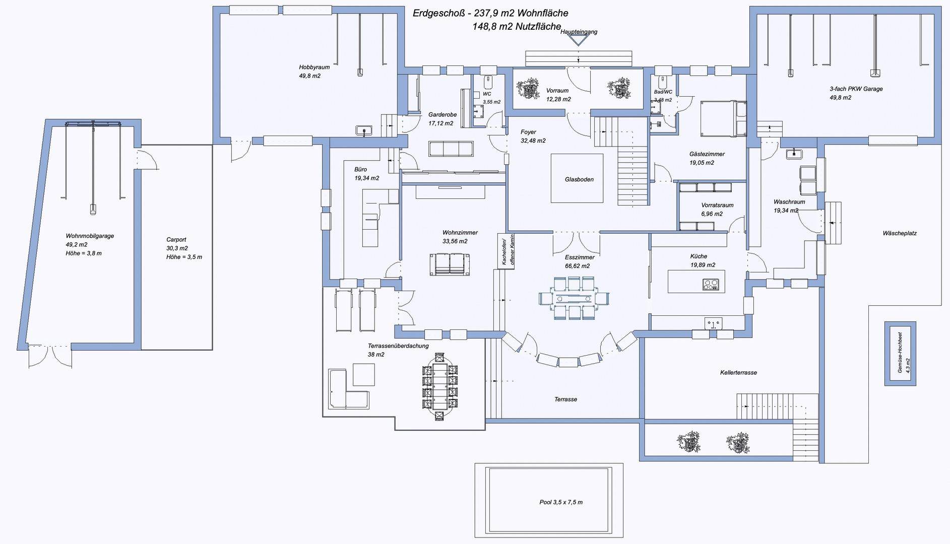 Grundriss des Erdgeschosses mit Wohnzimmer, Essbereich, Küche, Gästezimmer und Zugang zur Terrasse und Pool.