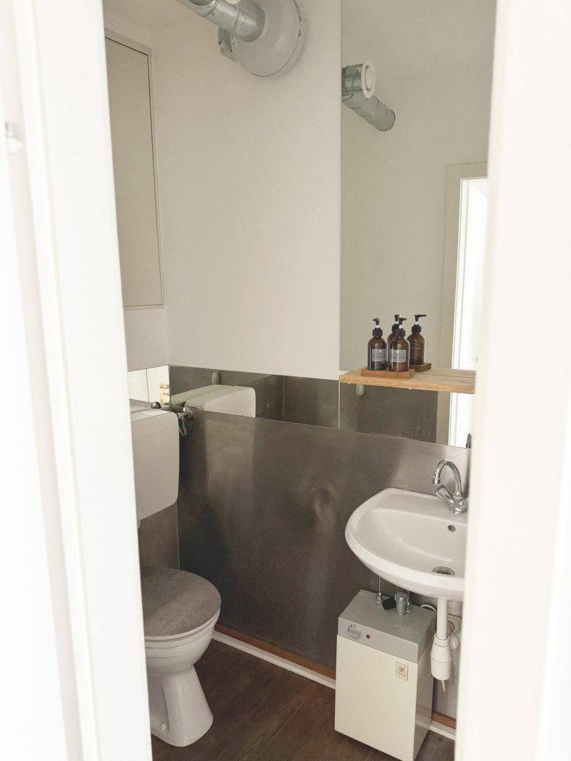 Kleiner Toilettenraum mit Waschbecken, WC und einem Spiegel über einer Metallverkleidung.