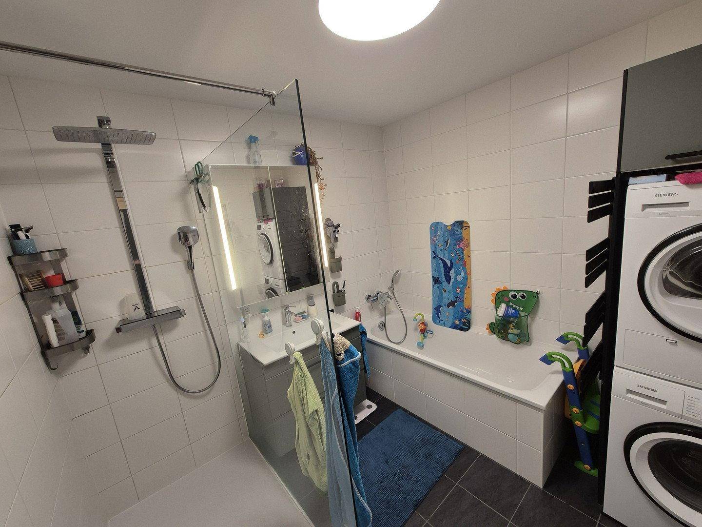 Modernes Badezimmer mit Dusche, Badewanne und integrierter Waschmaschine.